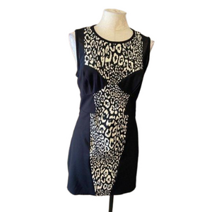 BEBE Dress Black White L Large Animal Print Panel Stretch Sheath NWT